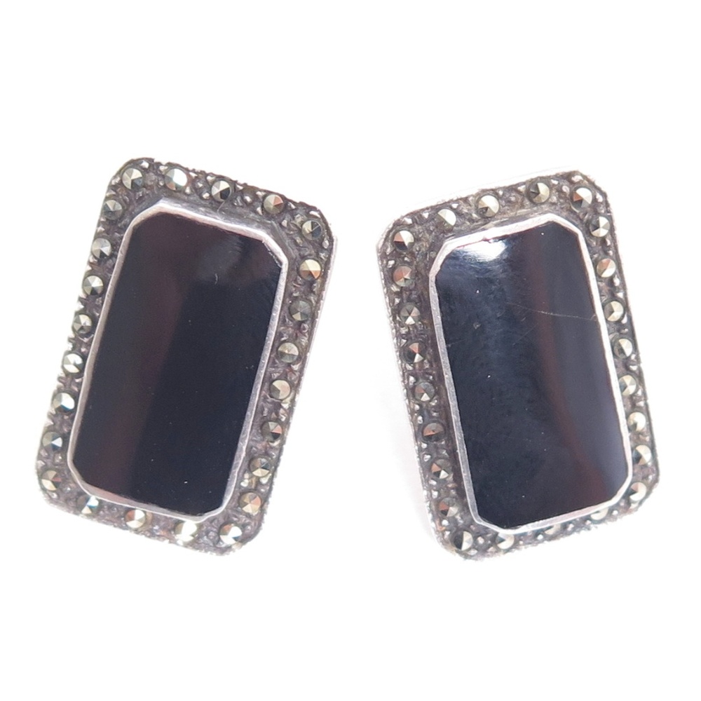 Stunning Sterling Silver Onyx Marcasite Earrings‎